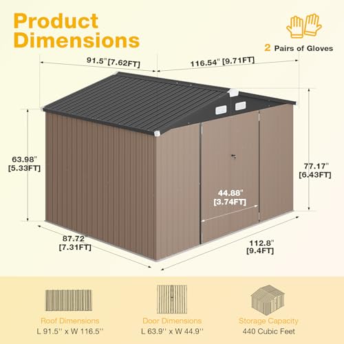 10x8 FT Outdoor Metal Storage Shed with Floor & Lockable Double Doors
