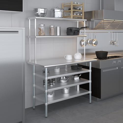 24" x 48" Stainless Steel Work Table with 3 Shelves and 12" Wide Double Tier Overshelf