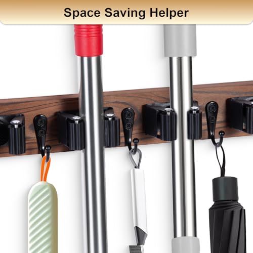 Broom Holder Wall Mount With 5 Slots & 4 Hooks