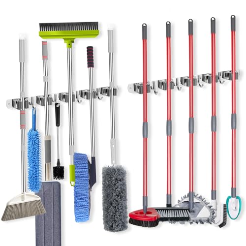 2 Pack] 5 Racks and 4 Hooks Mop and Broom Holder Wall Mount (2 Count)