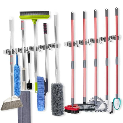 2 Pack] 5 Racks and 4 Hooks Mop and Broom Holder Wall Mount (2 Count)