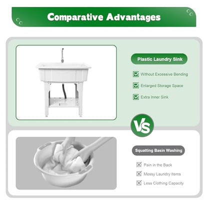 Freestanding Utility Sink Plastic Laundry Tub Sink with Storage Shelf Indoor Outdoor Slop Sink Wash Station for Bathroom Laundry Washing Room
