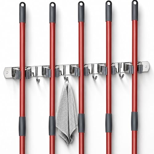 5 Racks and 4 Hooks Mop and Broom Holder Wall Mount