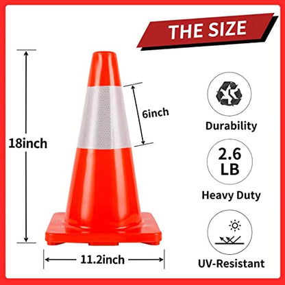 Traffic Cones 18 inch 12 Pack Safety Cones Orange with Reflective Collars Fit Parking Lot