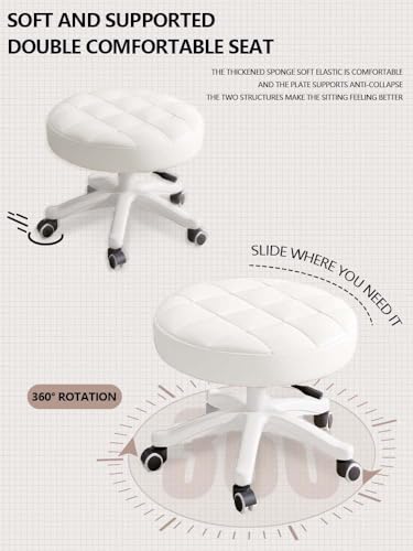 Small Chair Round Rolling Stool with Wheels PU Leather Height Adjustable Swivel Drafting Work SPA Salon Stools Home Office Chair (4 Count)