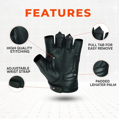 Men's Reflective Skull Fingerless Leather Motorcycle Gloves by Daniel Smart Manufacturing