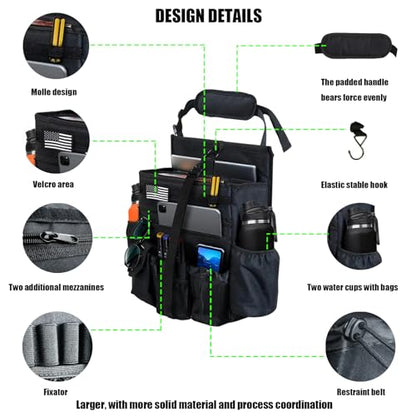 Front & Seat back organizer with dedicated tablet and 15.6 IN laptop storage stabilizers external stabilizing side straps soft adjustable shoulder straps hardened buckle
