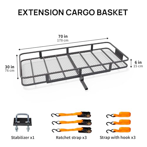 70''X 30''X6'' Folding Hitch Mount Cargo Carrier Basket with Stablizer and Straps