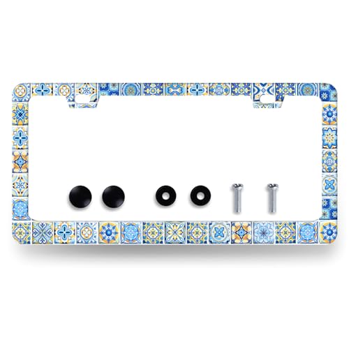 Stainless Steel Blue White Mexican Tiles License Plate Frame 12.2 x 6.2Inch