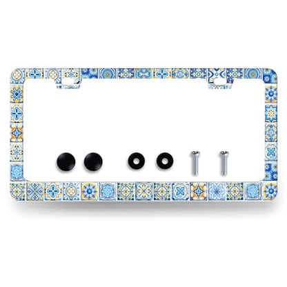 Stainless Steel Blue White Mexican Tiles License Plate Frame 12.2 x 6.2Inch