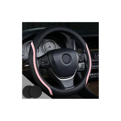 Steering Wheel Cover Black and Pink Leather Universal 14.5 (3 Count)