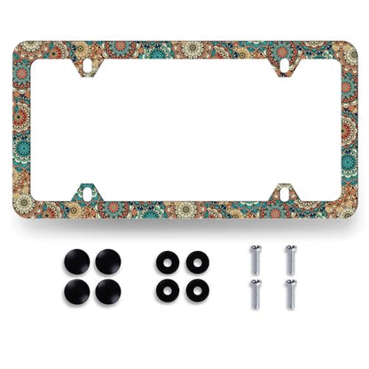 Vintage Mandala Flowers License Plate Frame Floral License Holder with Hole
