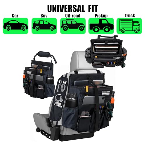 2 Pack Front or Seat back organizer seat side pocket with dedicated tablet and 17 IN laptop storage stabilizers external stabilizing side straps soft adjustable shoulder straps