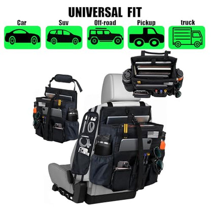 2 Pack Front or Seat back organizer seat side pocket with dedicated tablet and 17 IN laptop storage stabilizers external stabilizing side straps soft adjustable shoulder straps