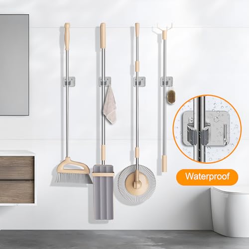 4 Pack Stainless Steel Heavy Duty Broom Holder Wall Mount with Hook (4 Count)