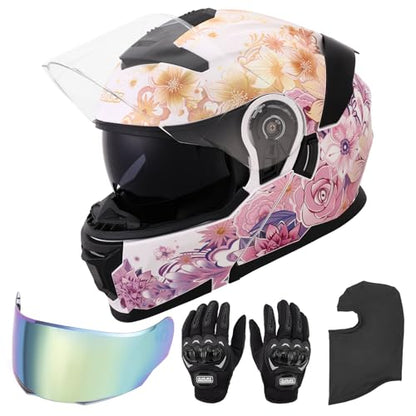 Pink Modular Motorcycle Helmets Full Face Flip up Street Bike Motorcycle Helmet for Unisex Adult Flower Sea