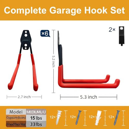 Garage Hooks 6 Pack Medium Square Wall Hooks for Hanging Heavy Duty Ladders (6 Count)