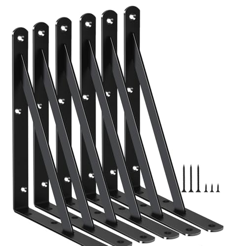 6 Pack L10 x H 8" Black Heavy Duty Shelf Brackets with Screws Metal Shelf Brackets Shelf Support Angle Brackets for Shelves L Brackets Heavy Duty Floating Shelf (6 Count)