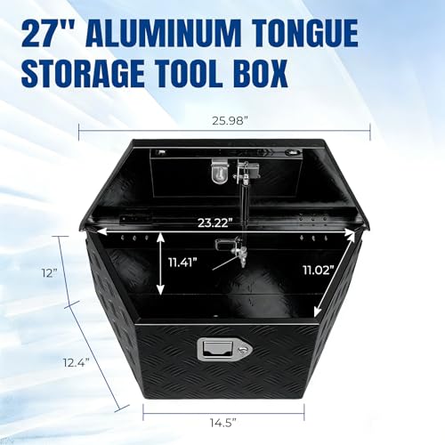 27" x 13" x 13" Trailer Tongue Tool Box Heavy Duty Aluminum with Latch and Keys Trailer Toolbox Organizer Truck Underbody Box Compatible with Pick Up Truck Bed RV Trailer ATV Black