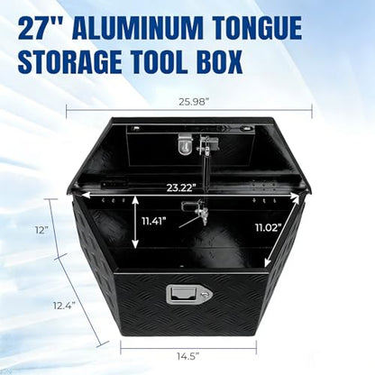 27" x 13" x 13" Trailer Tongue Tool Box Heavy Duty Aluminum with Latch and Keys Trailer Toolbox Organizer Truck Underbody Box Compatible with Pick Up Truck Bed RV Trailer ATV Black