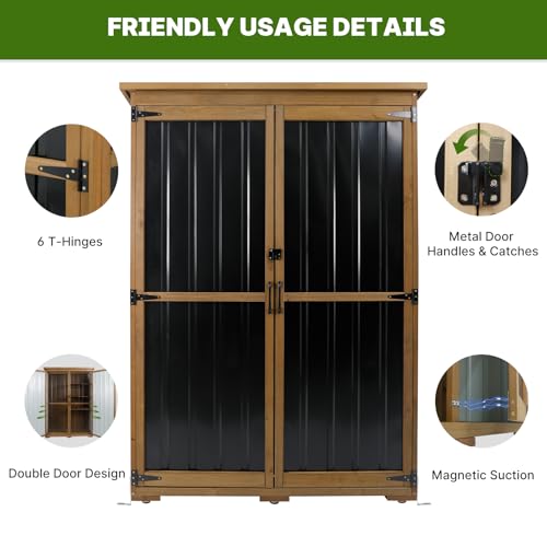 Outdoor Storage Cabinet Wood & Metal with Waterproof Roof
