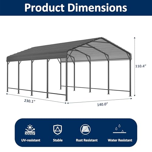 12x20 FT Metal Carport Canopy with Reinforced Base