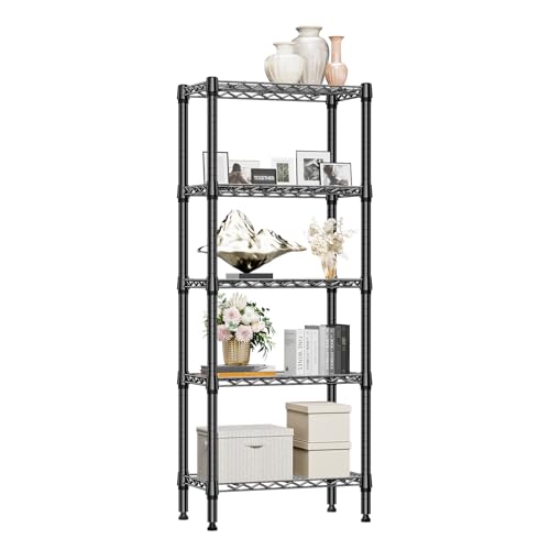 1250 lbs 5 Tier Shelf Metal Storage Shelves Wire Rack Closet Organizers for Garage Kitchen Bathroom Laundry Black 11.8" D x 23.6" W x 59.5" H (5 Count)