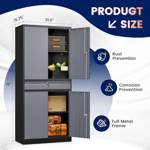 Metal Garage Storage Cabinet with Locking Doors and Adjustable Shelves
