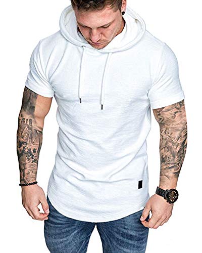 Mens Fashion Hoodies Sport Pullover Solid Color Shirt Workout Lightweight Tops White Large