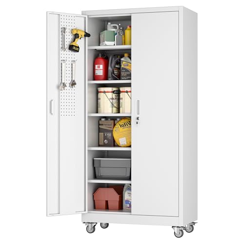 71" White Metal Storage Cabinet with Wheels and Pegboard