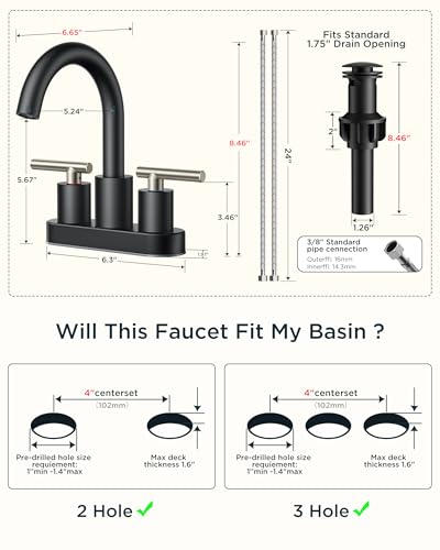 Bathroom Sink Faucet 3 Hole Black and Silver 4 Inch Centerset