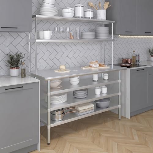 24" x 60" Stainless Steel Work Table with 3 Shelves and 12" Wide Double Tier Overshelf
