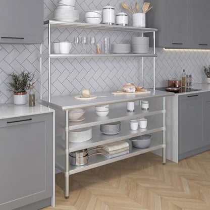 24" x 60" Stainless Steel Work Table with 3 Shelves and 12" Wide Double Tier Overshelf