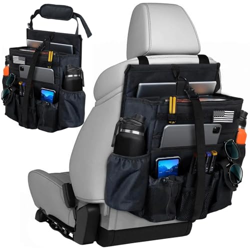 Front & Seat back organizer with dedicated tablet and 15.6 IN laptop storage stabilizers external stabilizing side straps soft adjustable shoulder straps hardened buckle