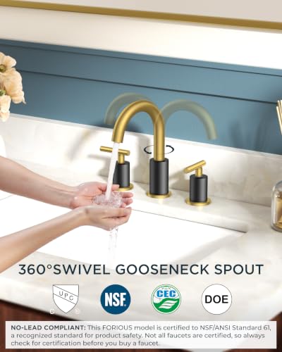 Bathroom Sink Faucet 3 Hole Black and Gold 8 Inch Widespread