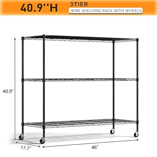 3 Tier Metal Storage Shelves 41''H Wire Shelving with Wheels for Storage Adjustable Heavy Duty Garage Shelving Storage Racks for Pantry Shelves Kitchen Office Garage