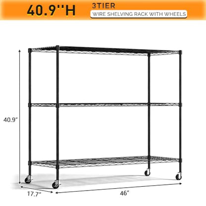 3 Tier Metal Storage Shelves 41''H Wire Shelving with Wheels for Storage Adjustable Heavy Duty Garage Shelving Storage Racks for Pantry Shelves Kitchen Office Garage