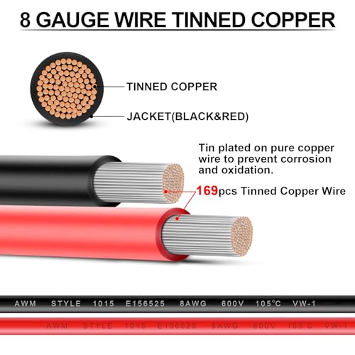8 Gauge Wire iGreely 10 FT Red & 10 FT Black 8 Gauge Tinned Copper Electrical Wire Cable for Car Audio Automotive Trailer Marine Harness Wiring 8AWG 10Ft (10 Foot)