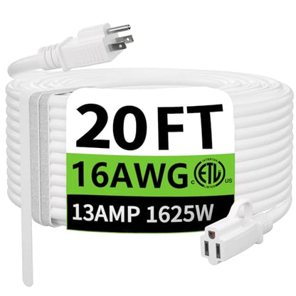 Indoor Outdoor White Extension Cord 20 FT Waterproof 16