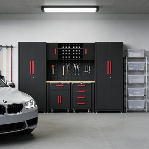 8 Piece Garage Cabinet Storage System with Workbench & Pegboard