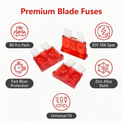 80Pcs) 10 Amp Standard Fuse, 10A Car Blade Fuses for Car/RV/Truck/SUV/Motorcycle/Boat (80 Count)
