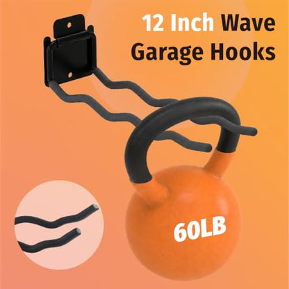 4 Pack 12 Inch Wave Garage Hooks Wall Mount Hangers (4 Count)
