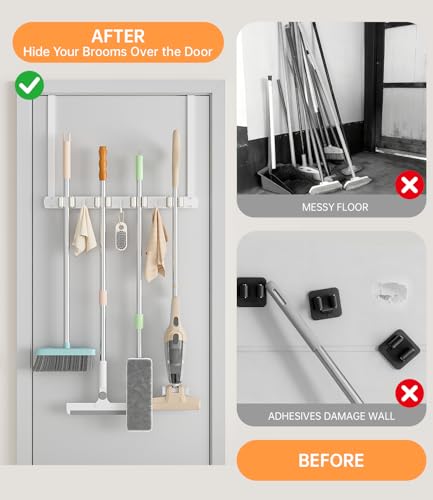 Broom Holder Over The Door with Hooks