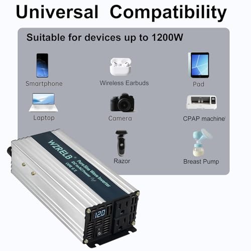 1200W Pure Sine Wave Inverter 48V DC to 110V 120V AC Power Converter with LED Display