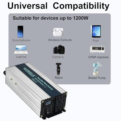 1200W Pure Sine Wave Inverter 24V DC to 110V 120V AC Power Converter with LED Display
