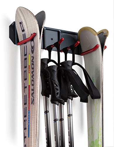 Wall Mounted Rack Organizer for Skis and Poles Heavy Duty Horizontal Wall Ski Rack Garage Storage with Metal Frame and Padded Hooks Indoors Outdoors Premium Wall Hooks