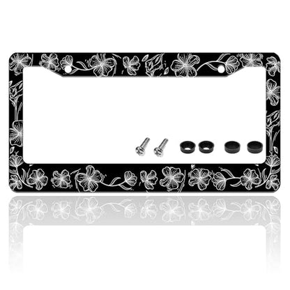 Black White Line Drawing Floar License Plate Frame Stainless Steel 6X 12 in