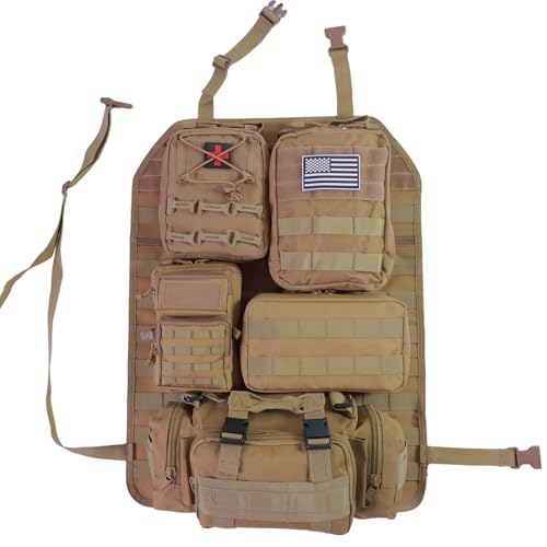 Universal Tactical Car Seat Back Organizer Bag Tactical Molle Vehicle Organizers Panel Vehicle Protector Organizers with 5 Detachable Pouches for Car Truck Ford Jeep