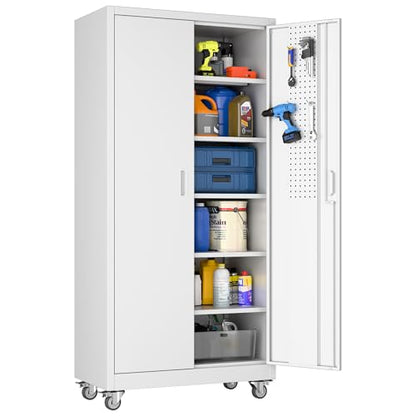 Metal Storage Cabinet with Wheels and Pegboard