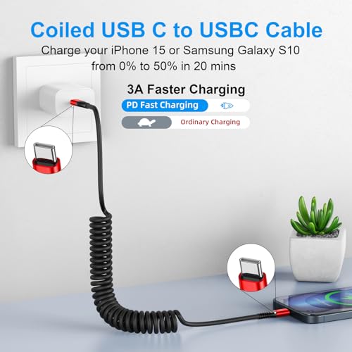 Coiled USB C Cable for Car 3FT&6FT USB C to C Fast Charging Cable CarPlay (2 Count)